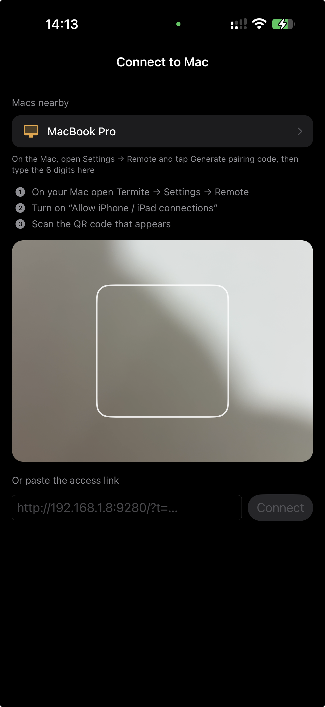 Termite iPhone client pairing screen