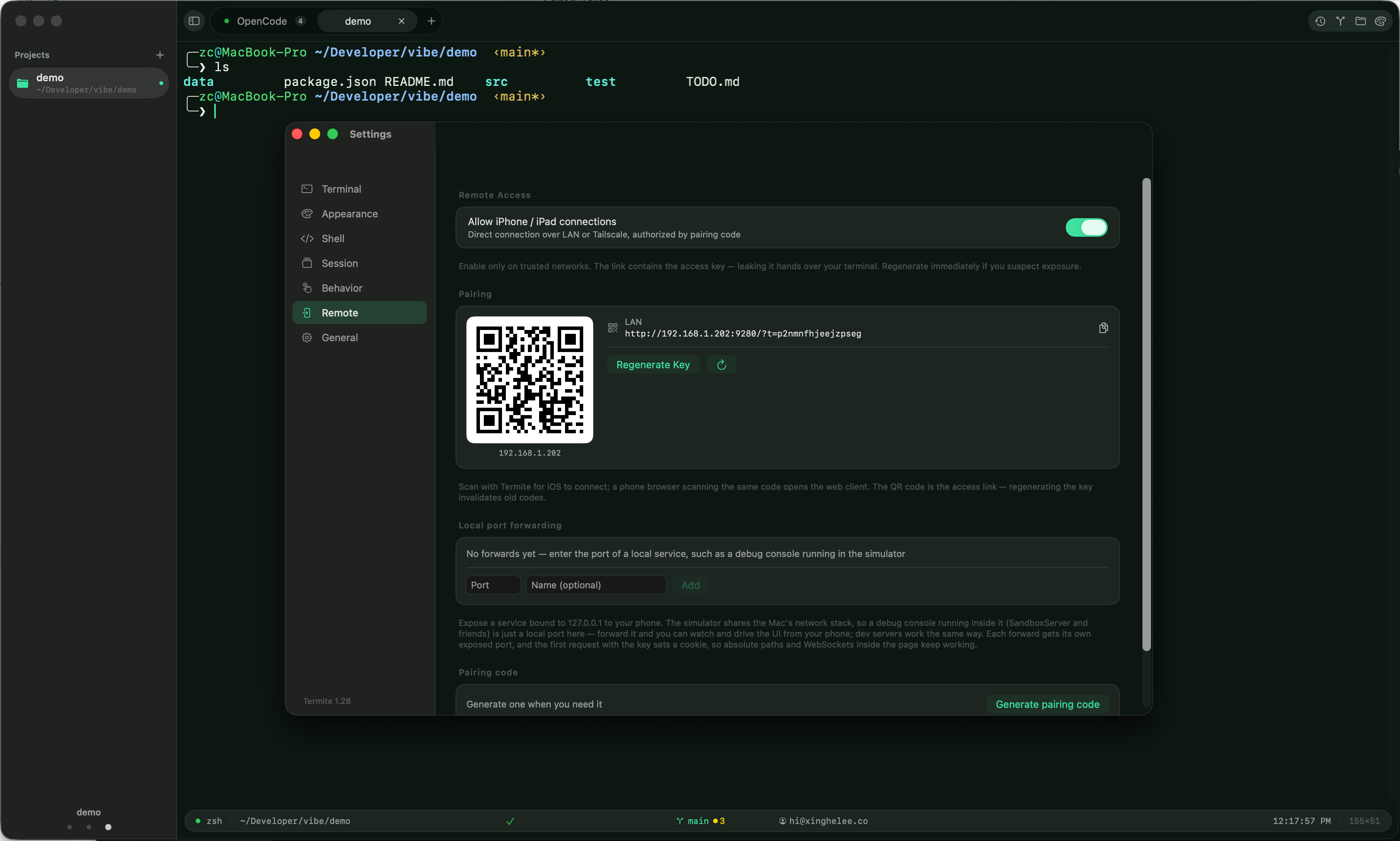 Termite Remote Access settings with LAN address, QR code, pairing, and local port forwarding